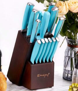 Knife Set, Emojoy 15 Piece Kitchen Knife Set with Block Wooden, German Stainless Steel Sharp Chef Knife Set with Sharpener, Dishwasher Safe and Rust Proof (blue knife set)