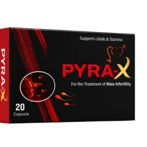 Pyra-X men's wellness supplement capsules box for vitality, stamina, and reproductive health support